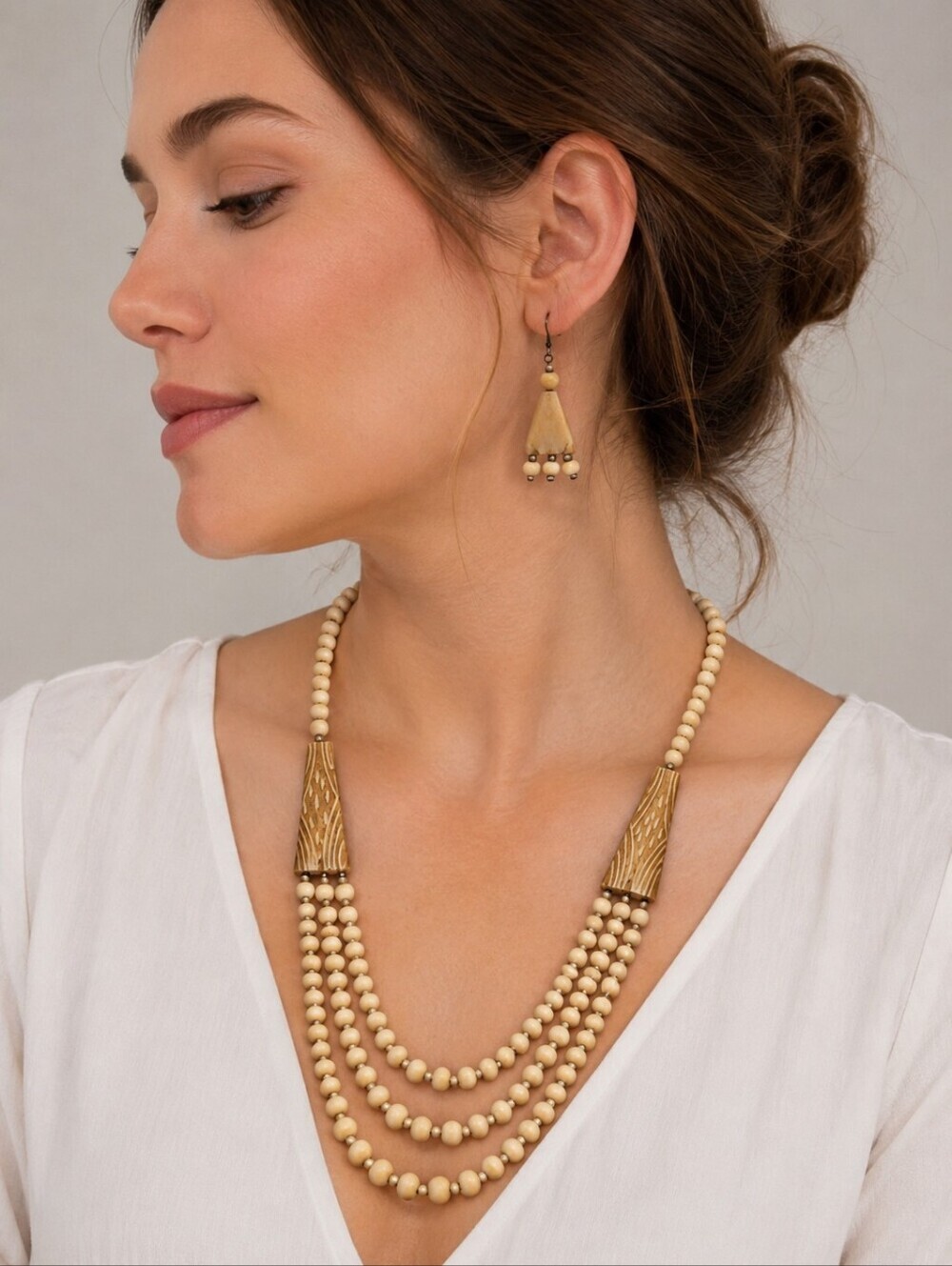 Vintage 1970s Carved Bone Beaded Multi-Strand Tribal Necklace and Earrings Set